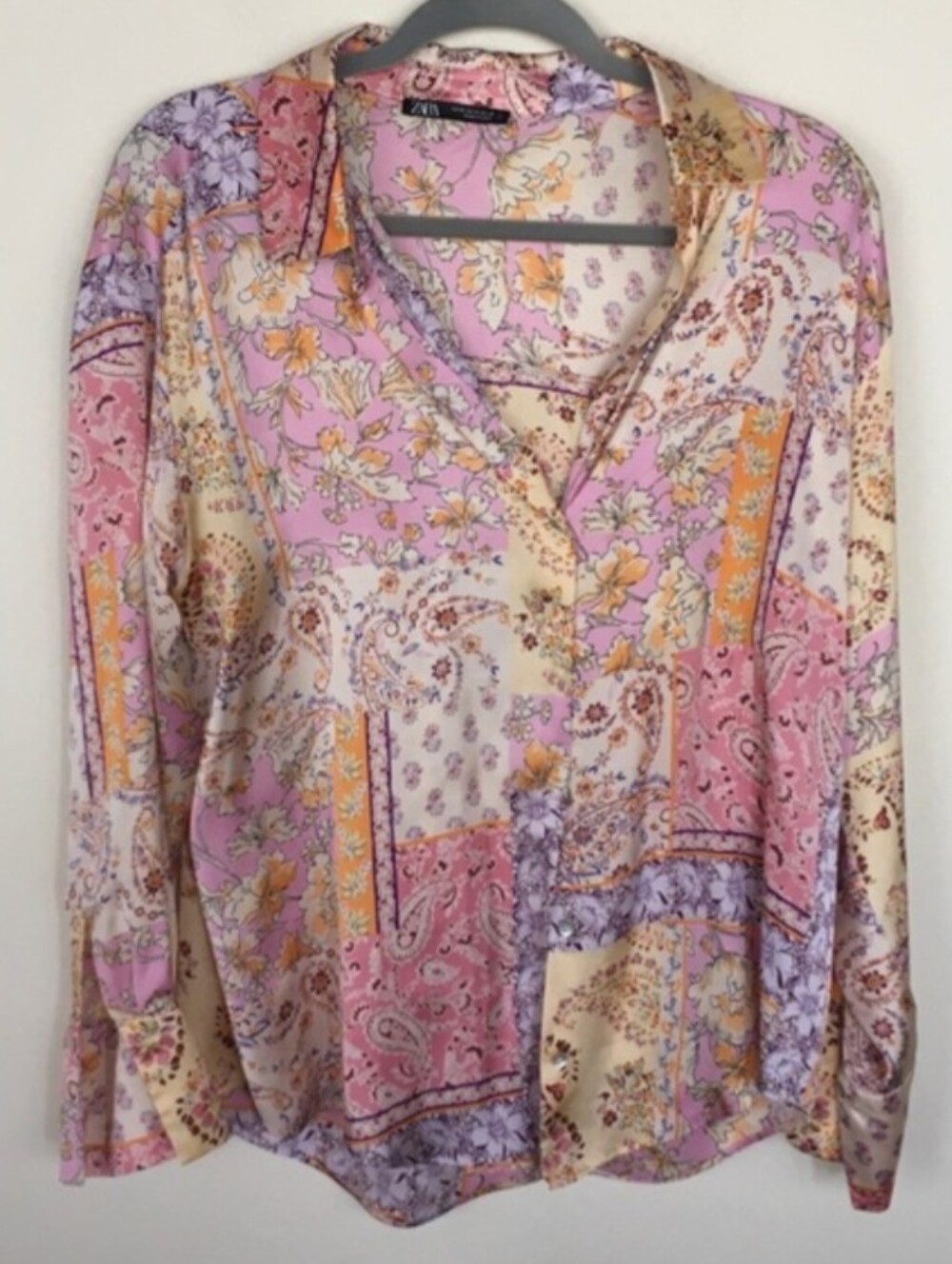 ZARA soft Pink Floral Patchwork Button-Down Shirt Blouse Size Large